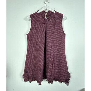 Cynthia Ashby Womens Wine Plaid Tunic Top Large Fringed Hem Sleeveless New